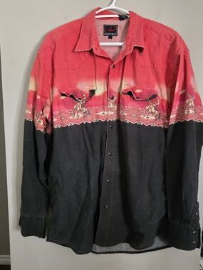 Vintage Roper Western Button-Up Shirt in Coral and Black XL Pearl Snap
